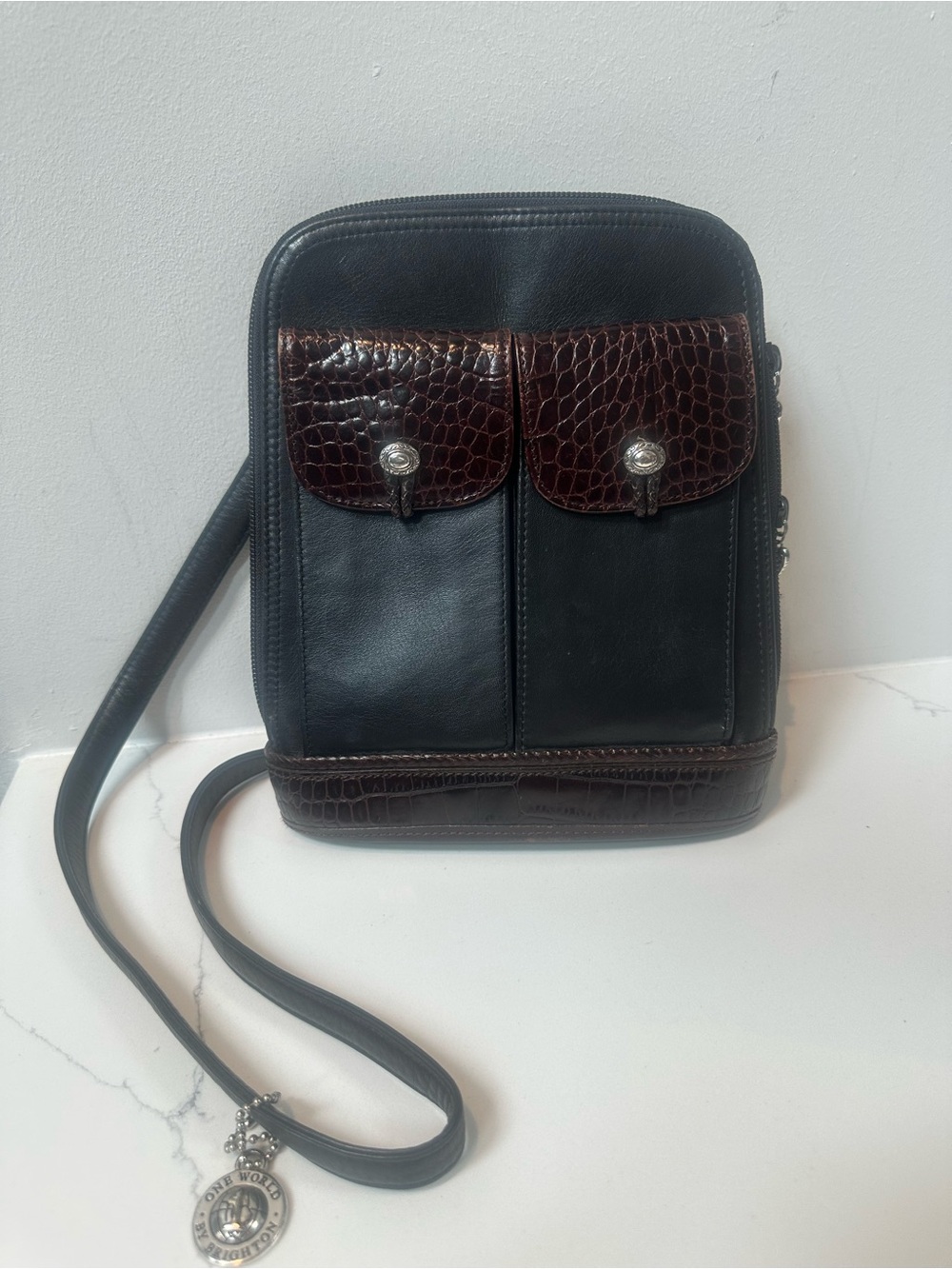 Brighton Vintage One World Black + Brown Leather with Croc Embossed Crossbody